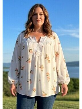 Single Thread Long Sleeve Floral Blouse Cream Size 1X